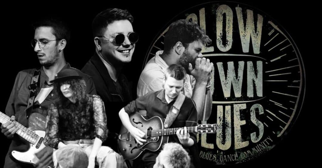 Francesca English; Tom e Ben Newton (the newton family); Bo Rasco e Sam Chico Di Nicolantonio (The Hot Shots) Locandina della social dance di blues con musica live a Torino.