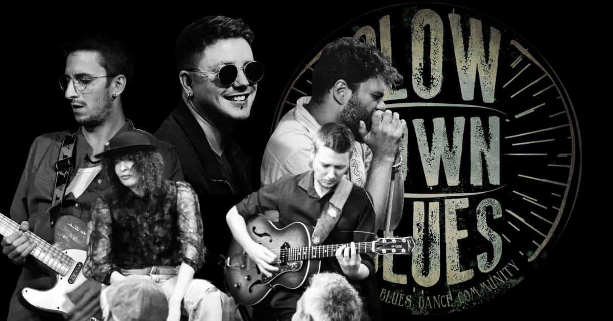 Francesca English; Tom e Ben Newton (the newton family); Bo Rasco e Sam Chico Di Nicolantonio (The Hot Shots) Locandina della social dance di blues con musica live a Torino.